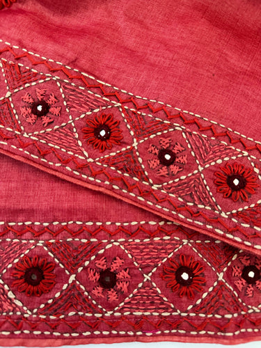 Lightweight Kutch Mirror Embroidery Pure Tussar Silk Saree | Shade of Light Vermillion Red | Hand Embroidery | Ships from California